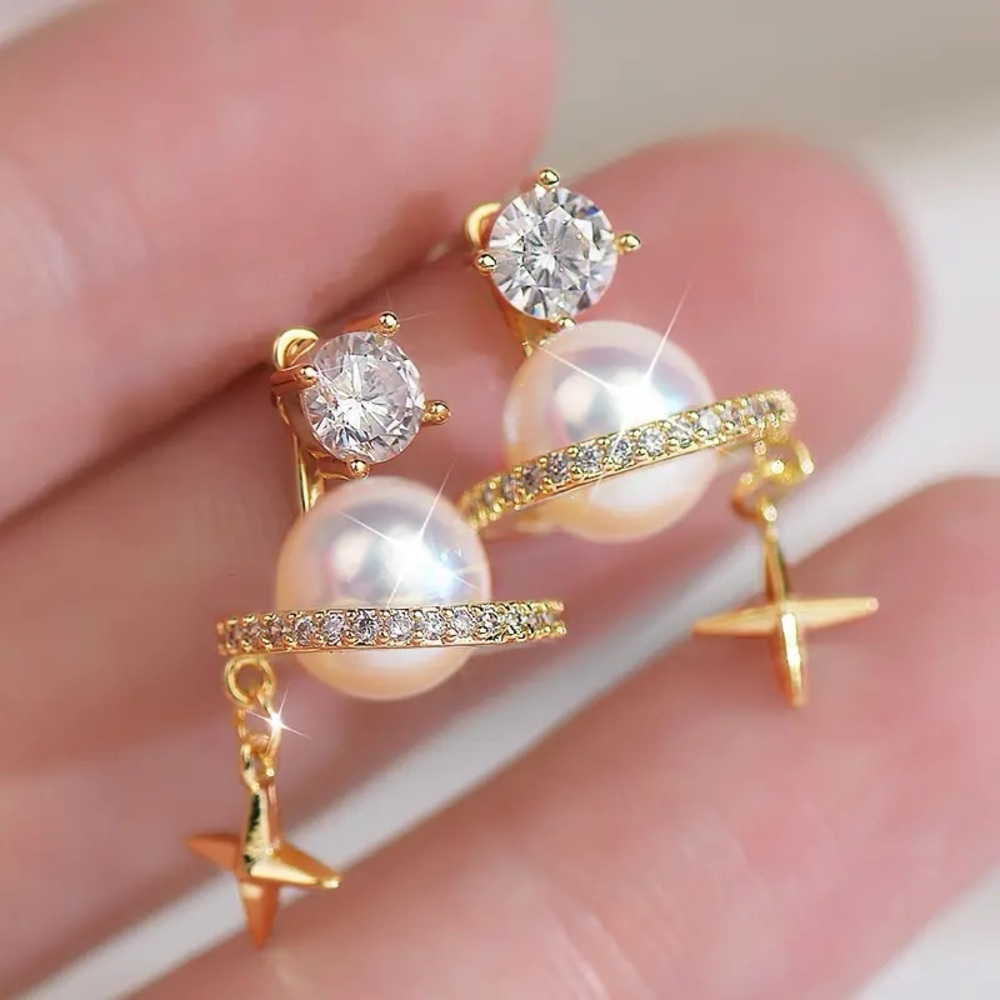 💎NEW 14K Gold Plated CZ Crystal Pearl Star 🌟 Galaxy Stud Earrings